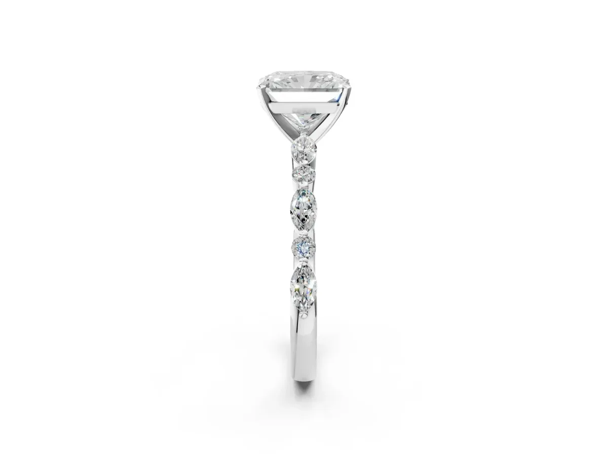 Radiant Cut Diamond Ring with Marquise and Round Side Stones and Four-Prong Setting Silver