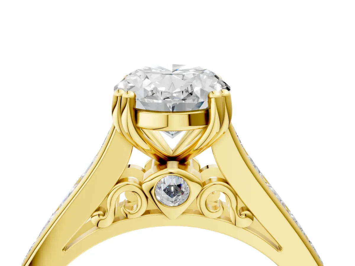 Oval Cut Cut Channel Set Solitaire Engagement Ring with Prong Setting Yellow gold