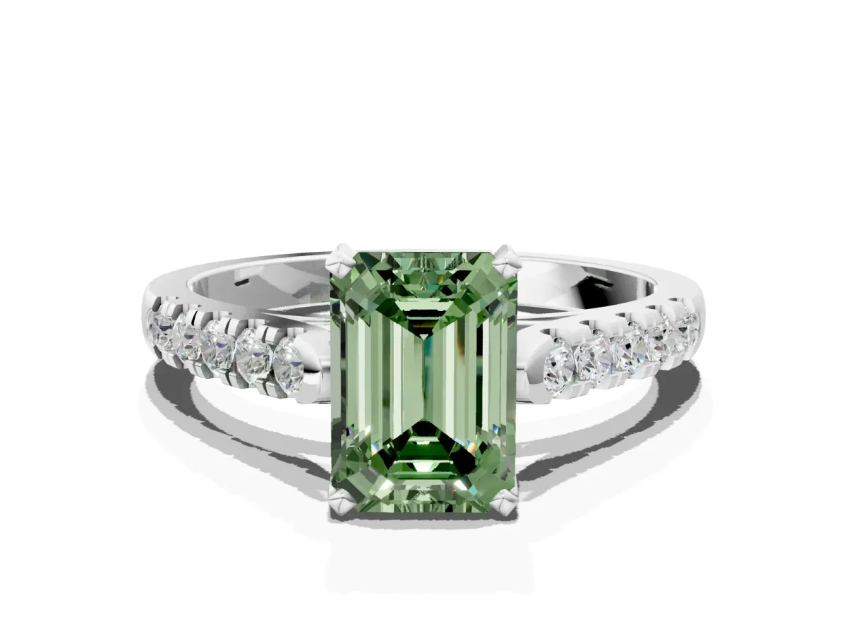 Fancy Green Emerald Cut Diamond Pavé Band Solitaire Ring with Prong Setting Platinum
