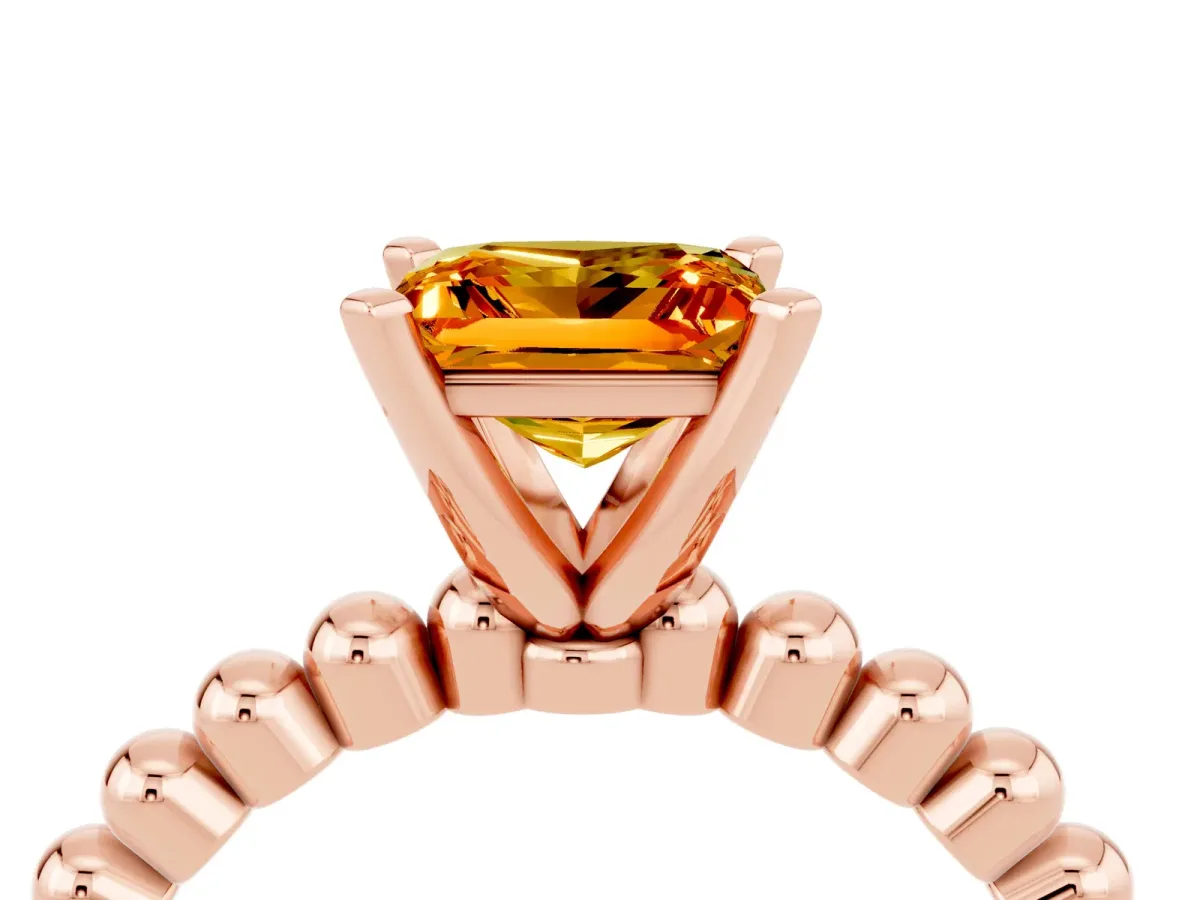 Princess Cut Citrine Solitaire Ring with Beaded Band and Prong Setting Rose gold