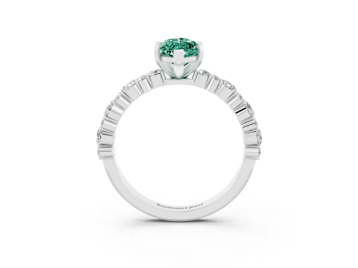 Marquise Cut Green Sapphire Side Stone Solitaire Ring with Round and Four-Prong Setting Platinum