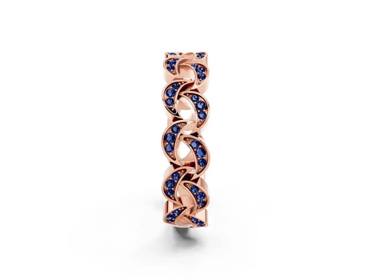 Pavé Round Blue Sapphire Interlocking Eternity Band with Bezel Prong Setting Rose gold