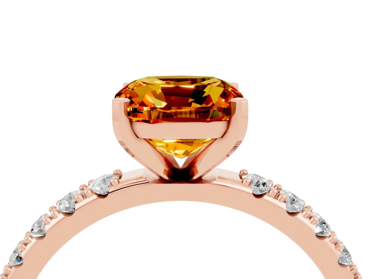 Cushion Cut Citrine Solitaire Pavé Band with Four-Prong Setting Rose gold