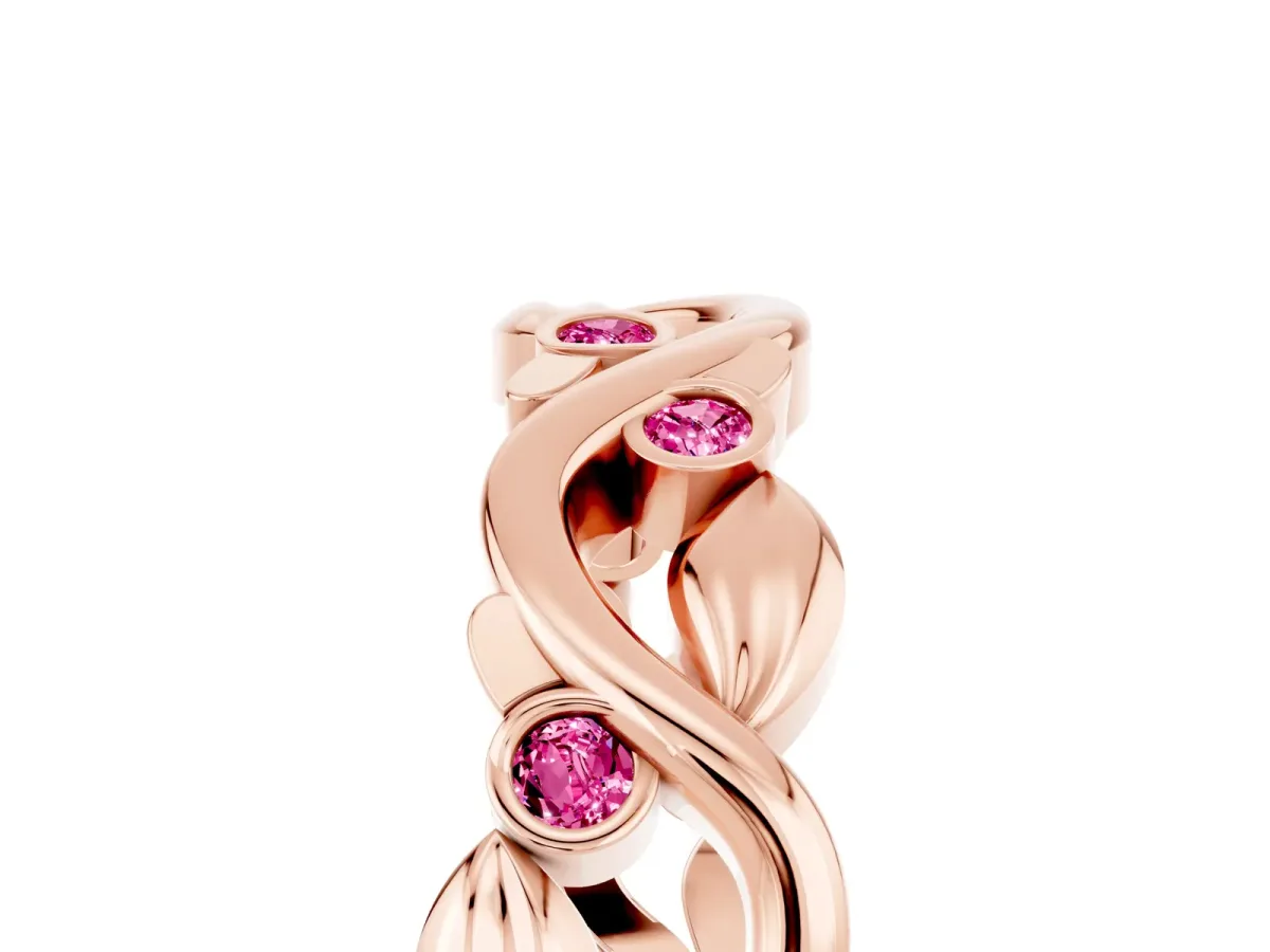 Round Pink Sapphire Leaf Eternity Band with Bezel Setting Rose gold