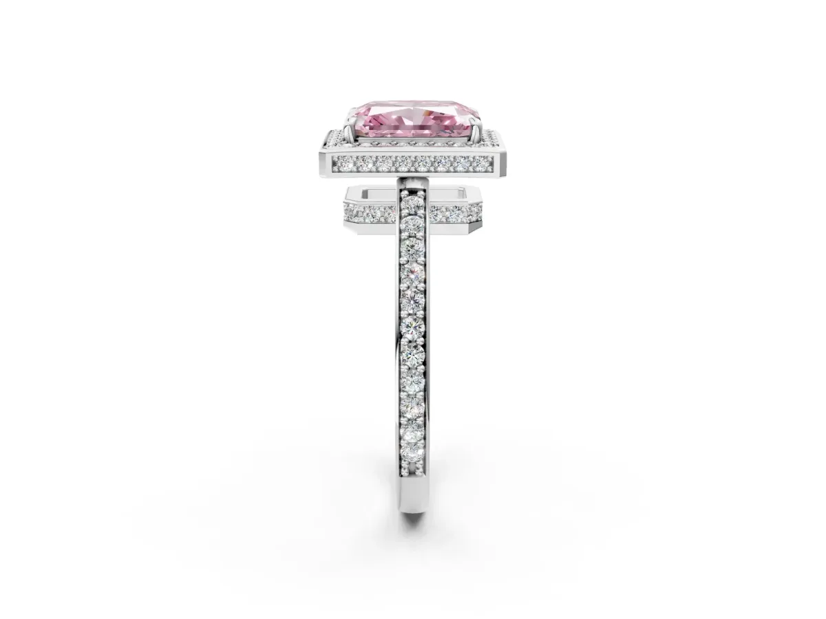 Fancy Pink Radiant Cut Halo Pave Band Solitaire Ring with Prong Setting Platinum