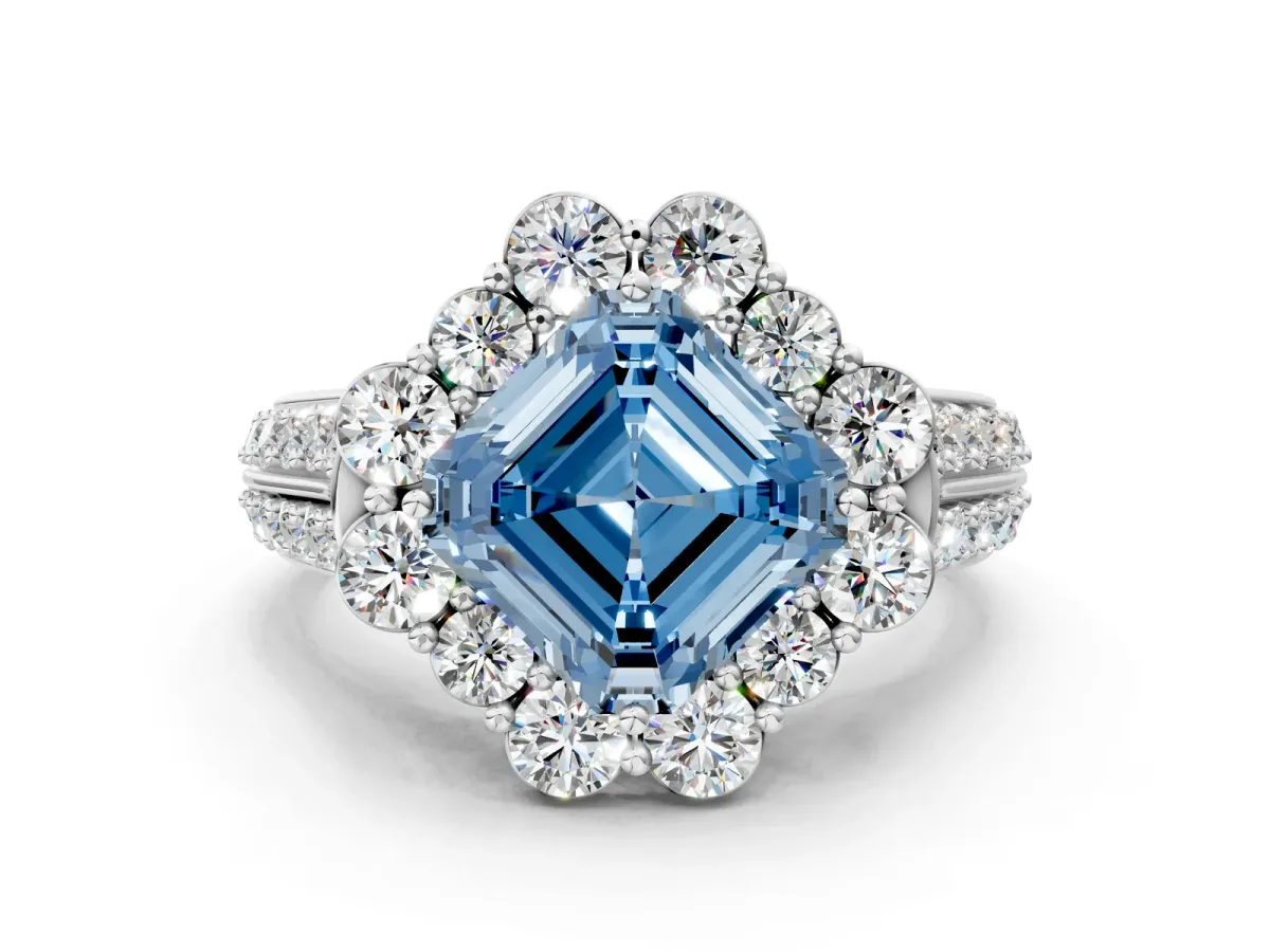 Fancy Blue Asscher Cut Halo Diamond Engagement Ring with Split Shank and Prong Setting Platinum