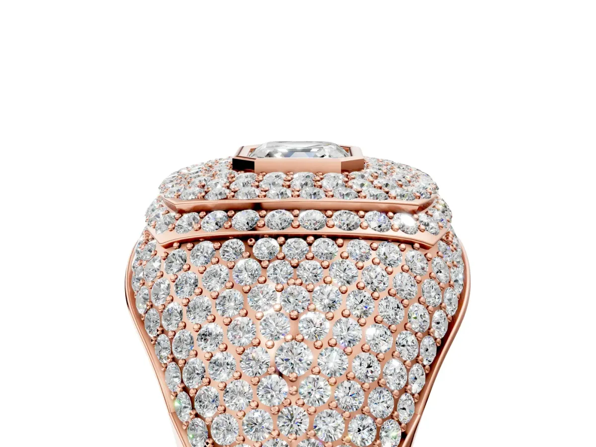 Asscher Cut Diamond Bezel Set Pavé Dome Mens Ring Rose gold