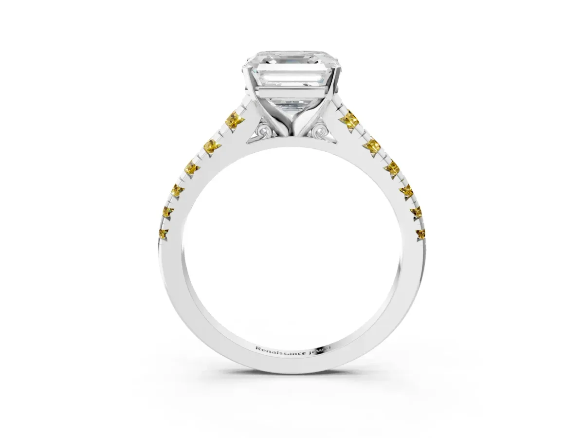 Asscher Cut Diamond Cathedral Solitaire Ring with Round Yellow Sapphire Pavé Band Silver