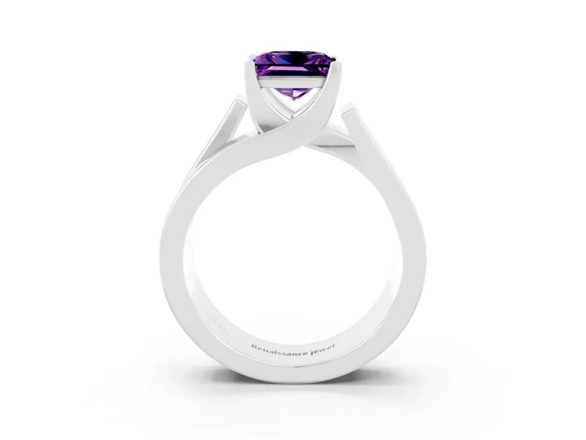 Modern Tension Set Princess Cut Amethyst Solitaire Wide Band Ring Silver
