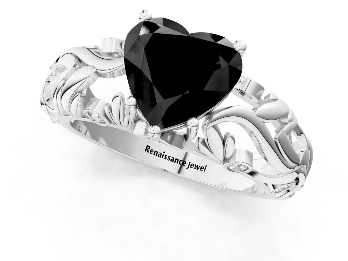 Fancy Black Heart Cut Solitaire Diamond Leaf-Inspired Vine Band Ring with Prong Setting Platinum