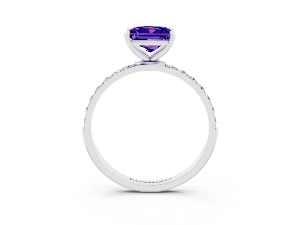 Princess Cut Tanzanite Solitaire Ring with Round Pavé Band and Prong Setting Silver