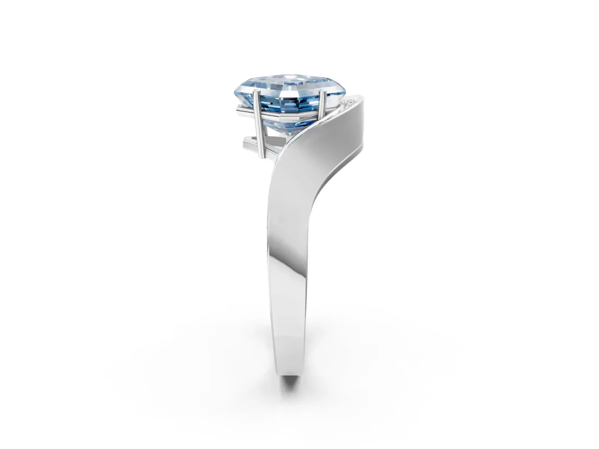Fancy Blue Asscher Cut Solitaire Diamond Engagement Ring with Pave Band and Four-Prong Setting Silver