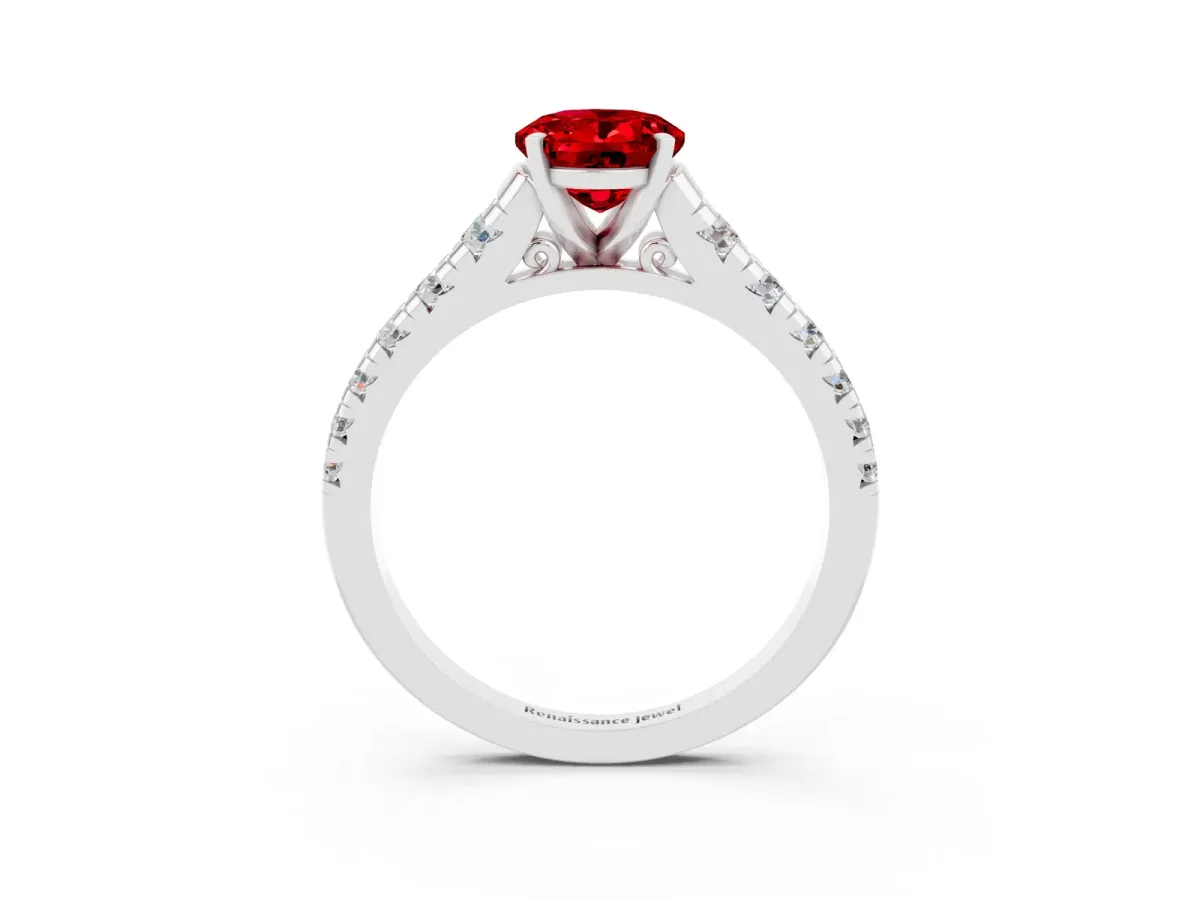 Oval Cut Ruby Cathedral Solitaire Ring with Round Pavé Band Platinum
