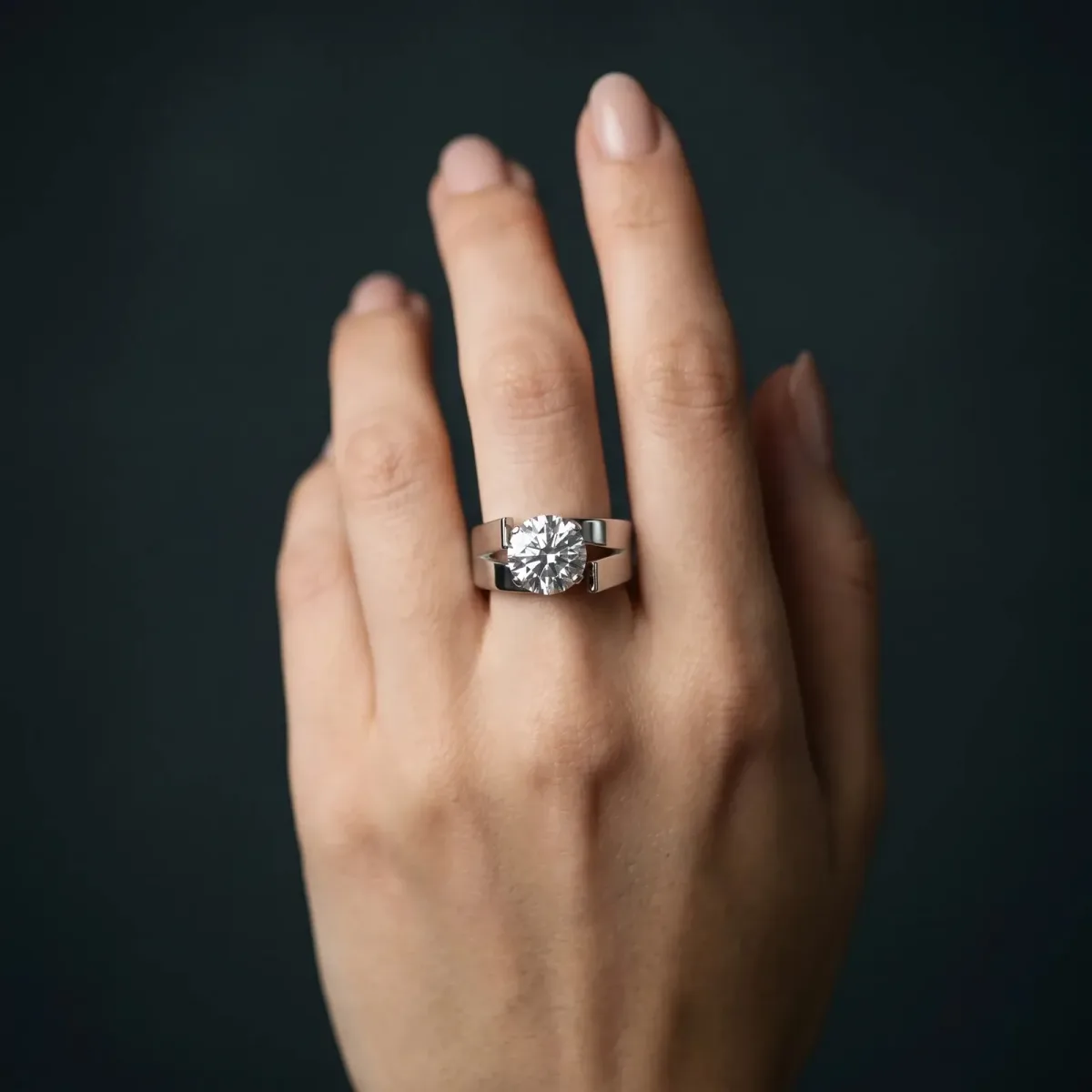 Modern Tension Set Round Cut Diamond Solitaire Wide Band Ring Silver