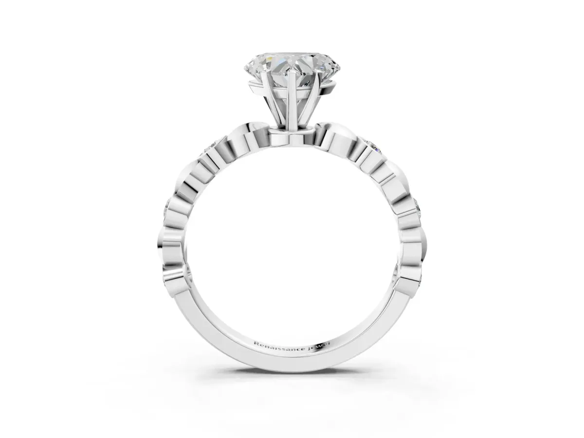 Heart Cut Solitaire Bezel-Set Diamond Ring with Beaded Band and Four-Prong Setting Silver