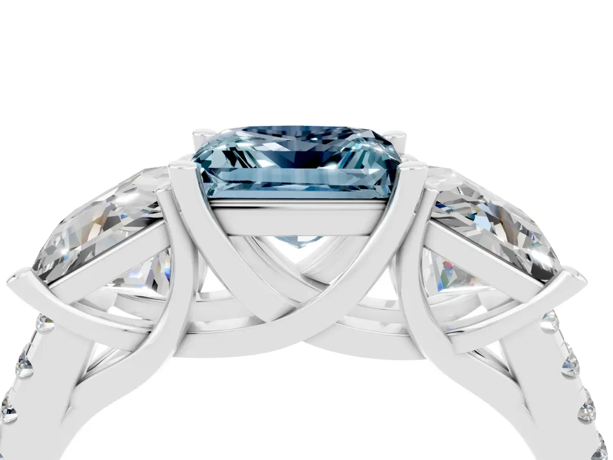 Three-Stone Princess Cut Aquamarine Ring with Round Pavé Band and Prong Setting Silver