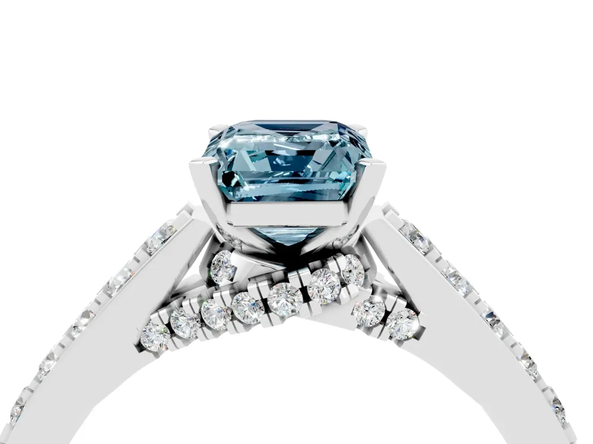 Emerald Cut Aquamarine Solitaire Ring with Crossover Gallery and Round Pavé Band Silver