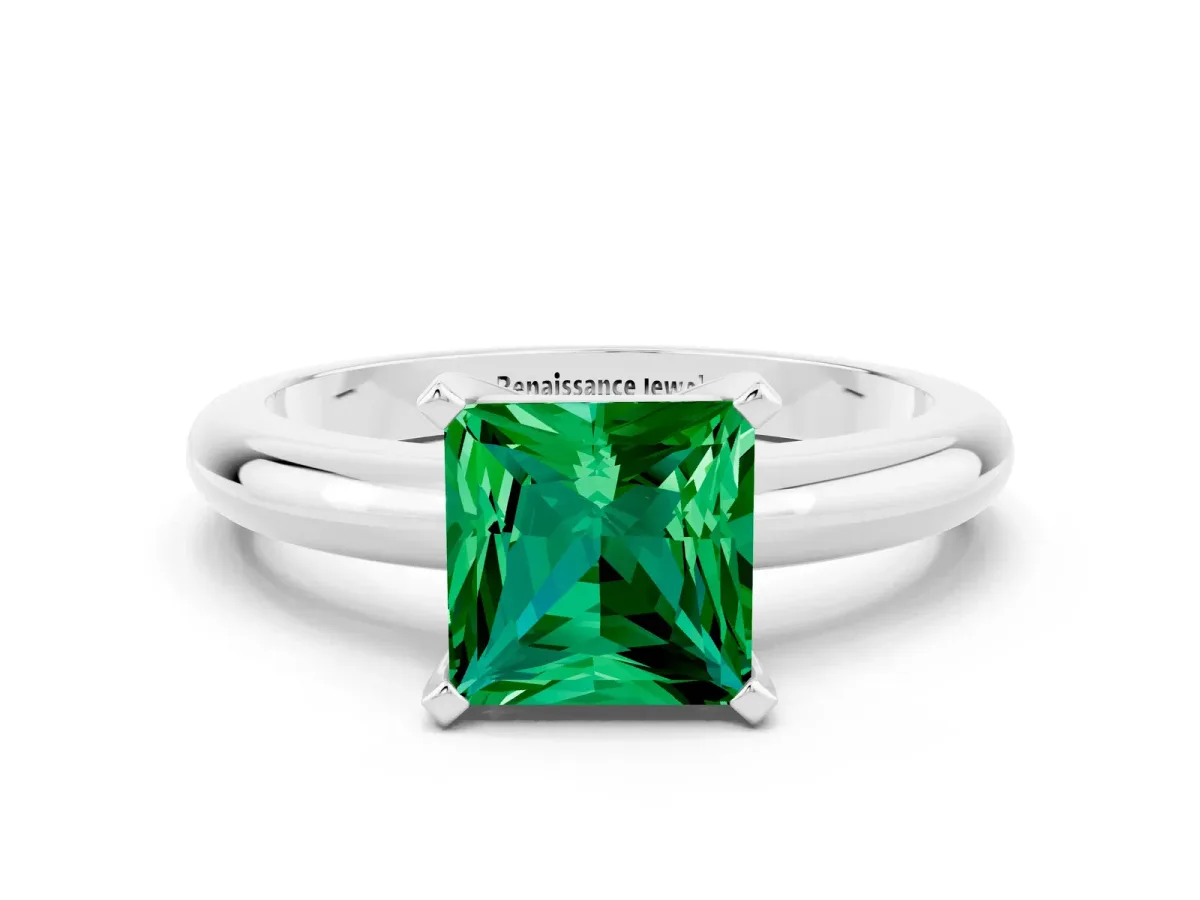 Princess Cut Emerald Solitaire Engagement Ring with Round Band and Four-Prong Setting Silver