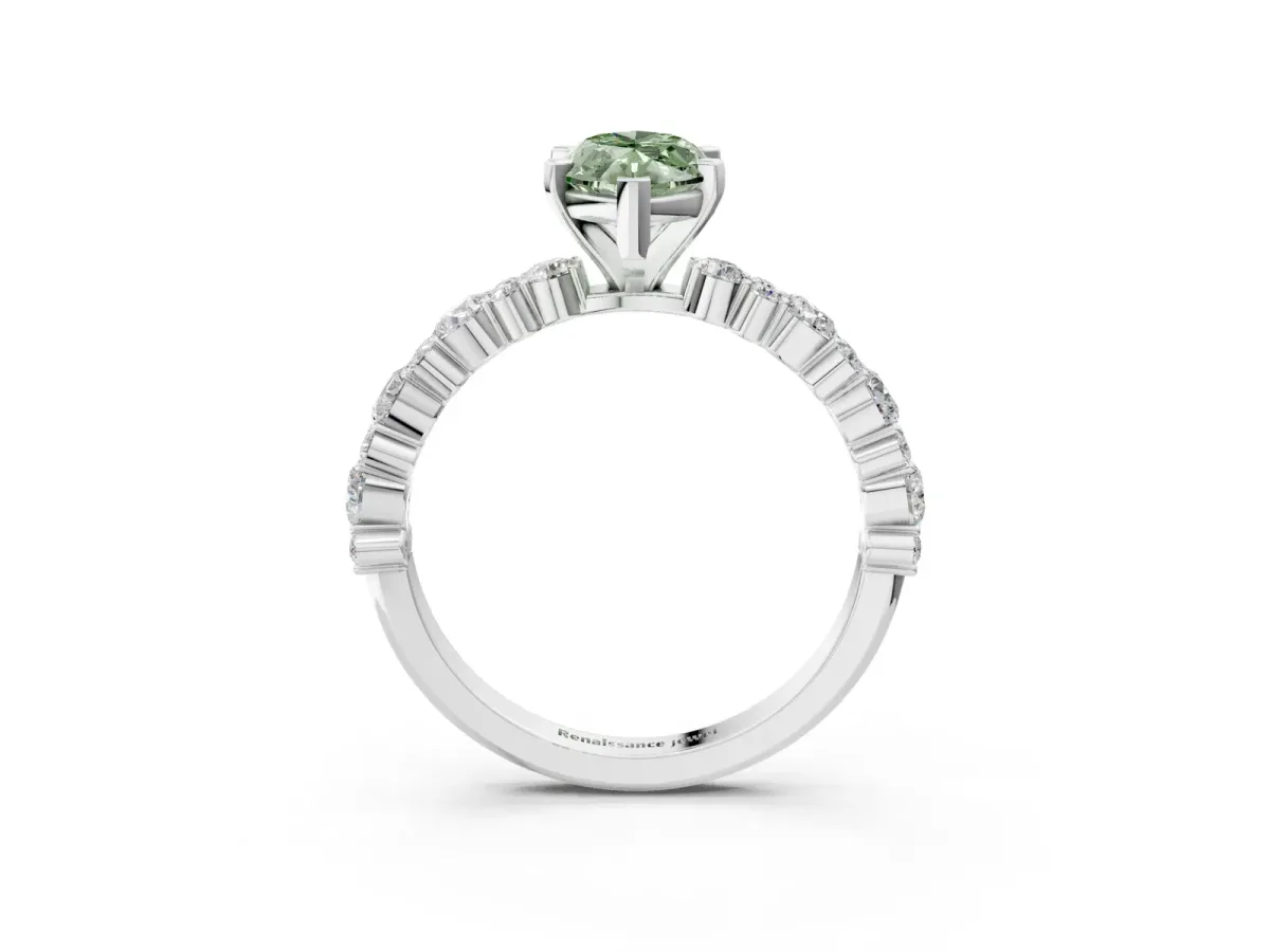 Fancy Green Marquise Cut Diamond Side Stone Solitaire Ring with Round and Four-Prong Setting Silver