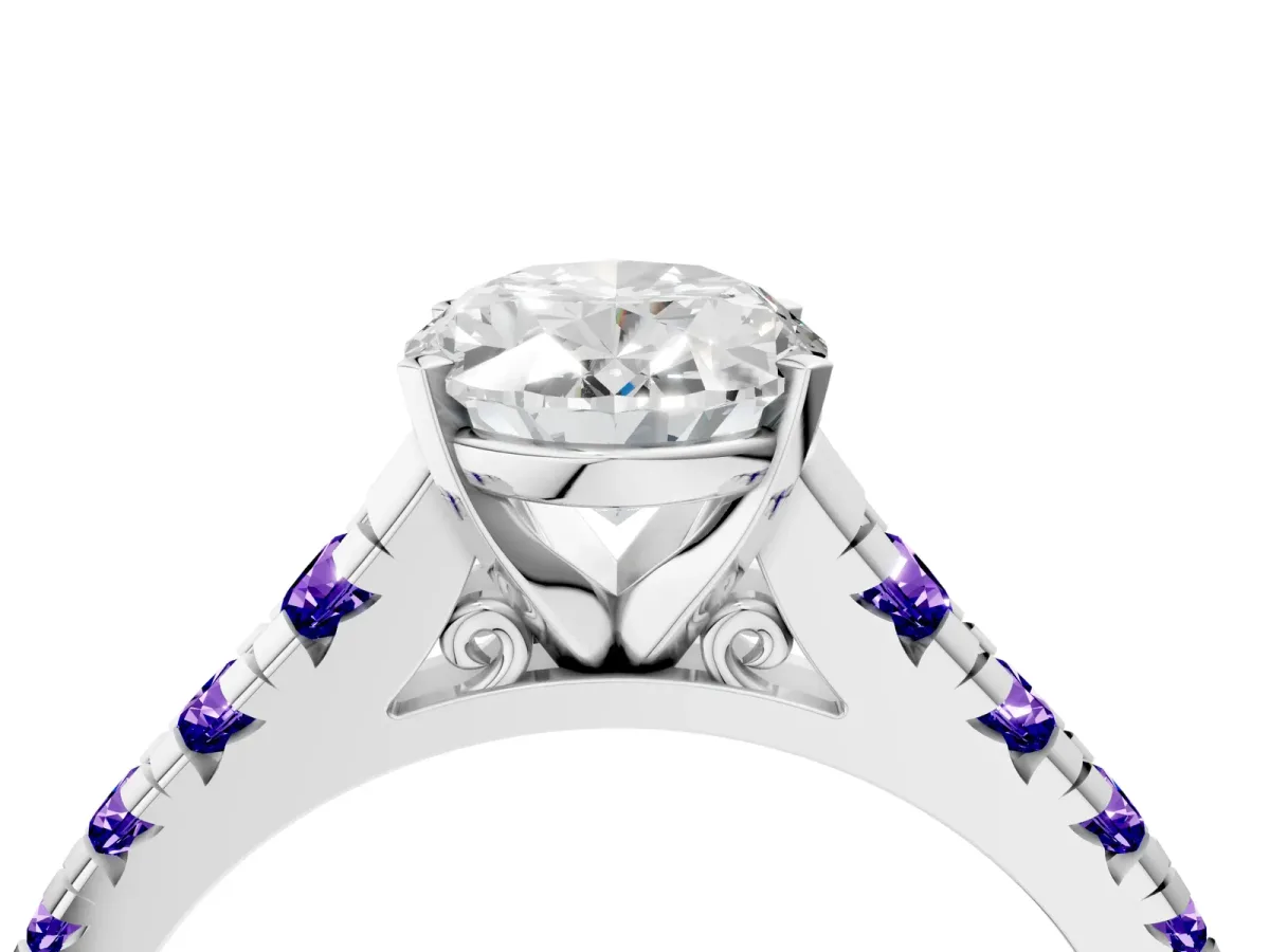 Oval Cut Diamond Cathedral Solitaire Ring with Round Tanzanite Pavé Band Silver