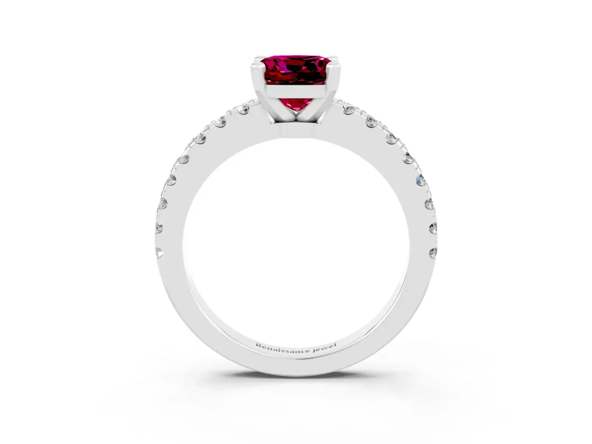 Cushion Cut Solitaire Garnet with Pavé Band and Four-Prong Setting Silver
