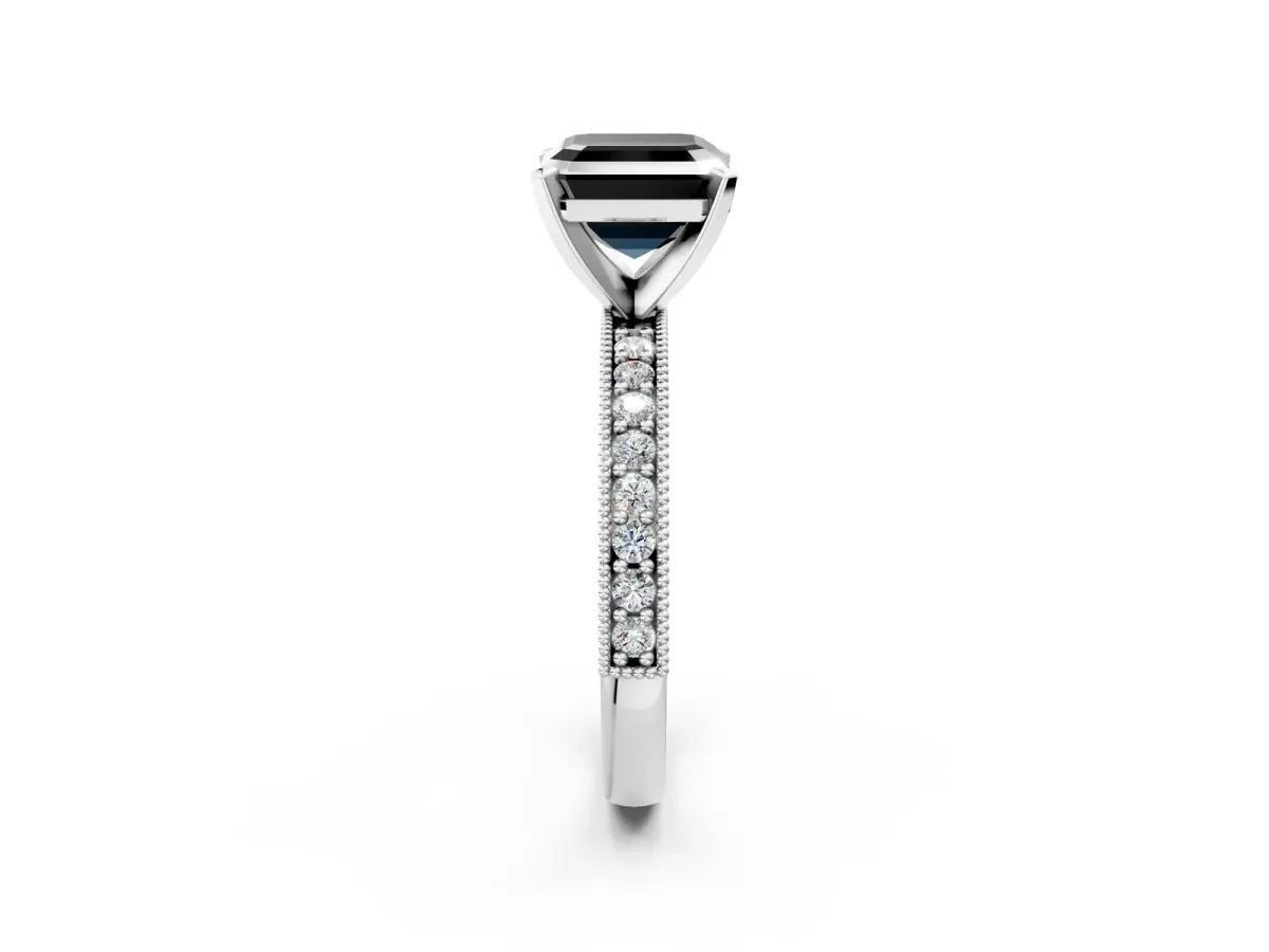 Fancy Black Asscher Cut Diamond Milgrain Pavé Engagement Ring with Four-Prong Setting Platinum