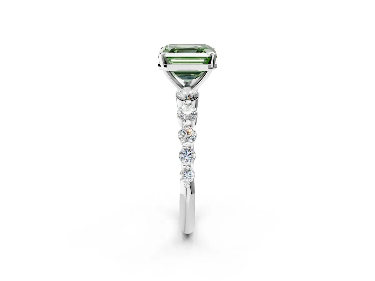 Fancy Green Asscher Cut Solitaire Diamond Ring with Pave Band and Four-Prong Setting Silver