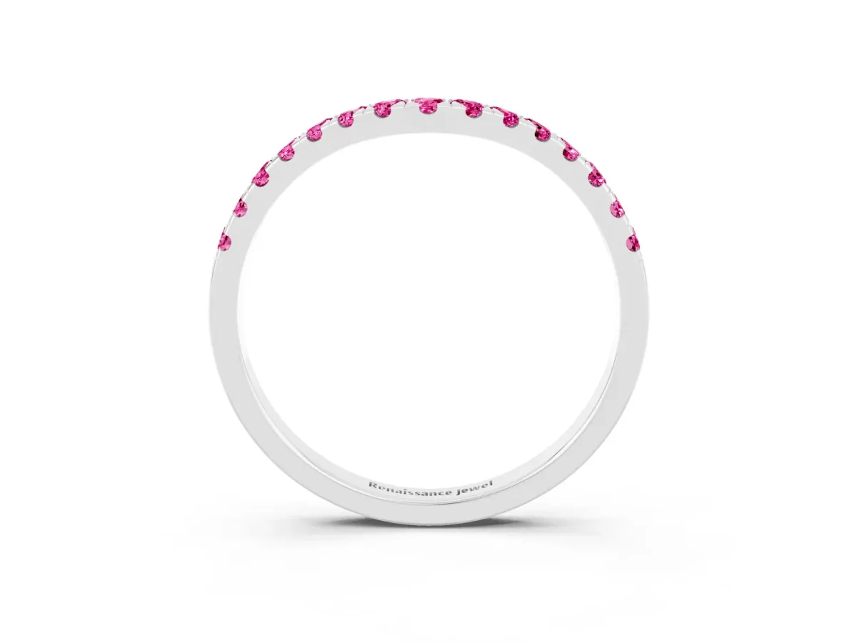 Curved Pavé Round Pink Sapphire Wedding Band with Shared Prong Setting Silver