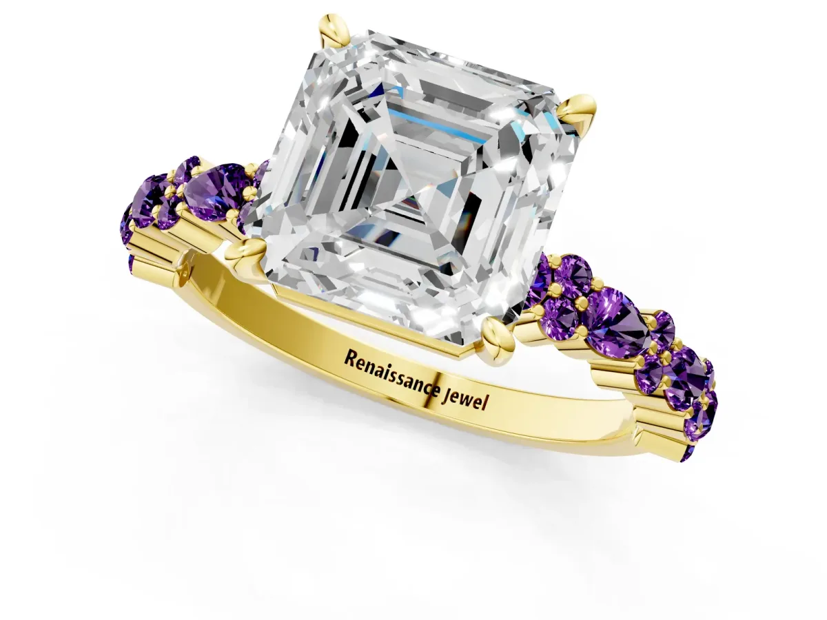 Asscher Cut Diamond Side Stone Solitaire Ring with Round Amethyst and Four-Prong Setting Yellow gold