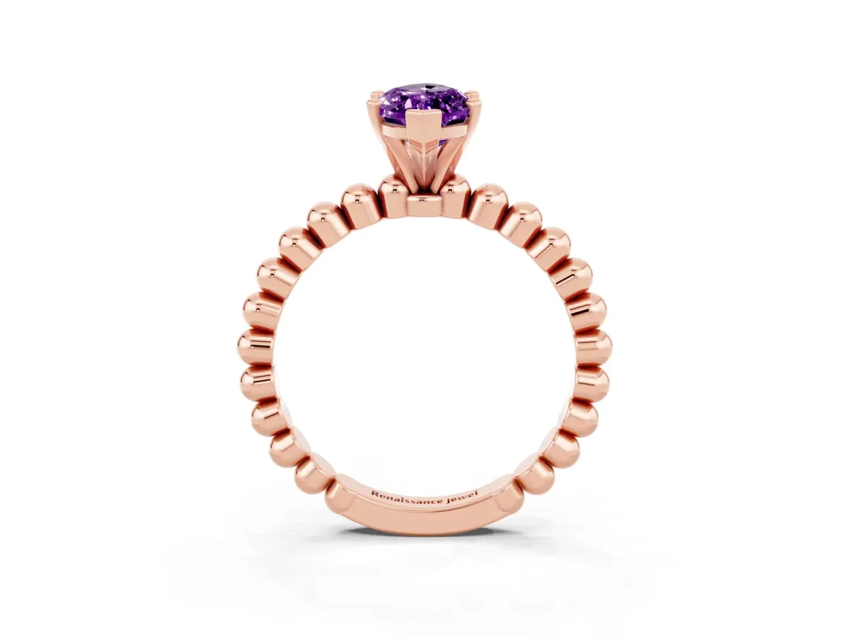 Marquise Cut Amethyst Solitaire Ring with Beaded Band and Prong Setting Rose gold