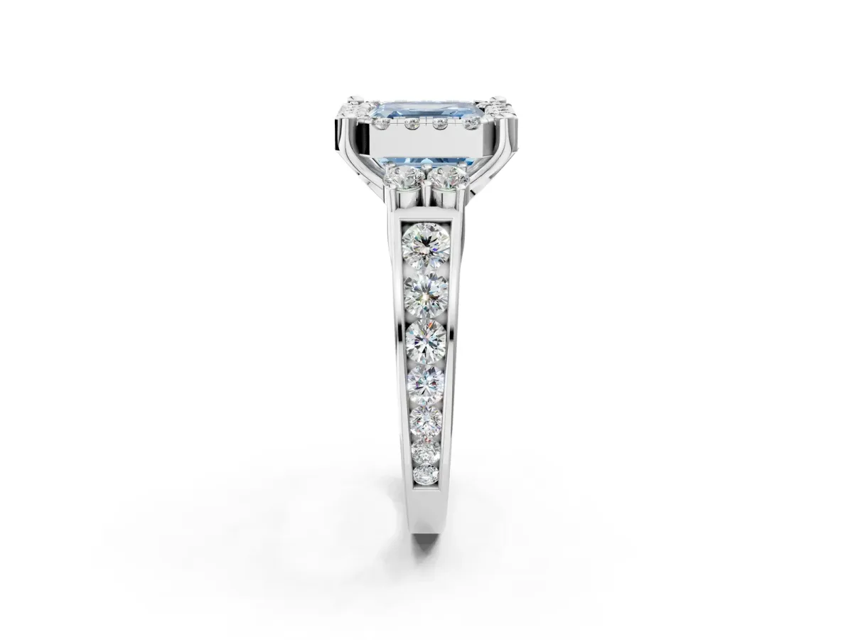 Fancy Blue Asscher Cut Halo Diamond Engagement Ring with Split Shank and Four-Prong Setting Platinum