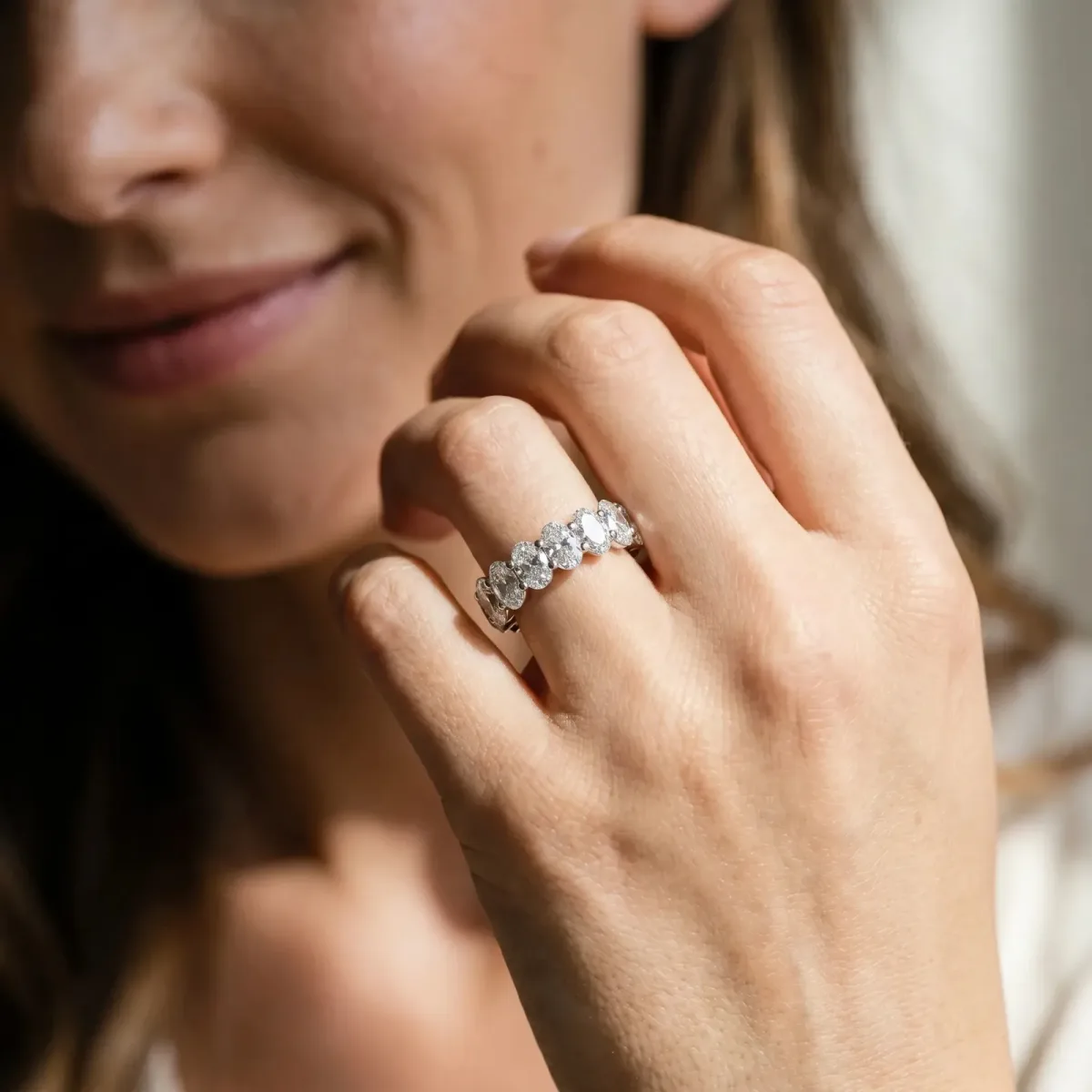 Oval Cut Diamond Eternity Band with Shared Prong Setting White gold