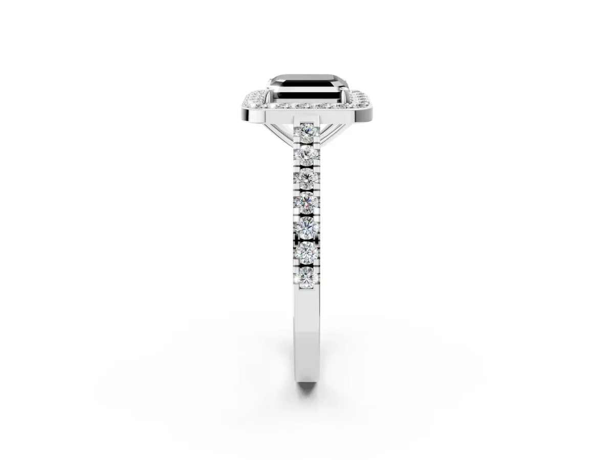 Fancy Black Asscher Cut Diamond Halo Ring with Round Pavé Split Shank and Prong Setting Platinum