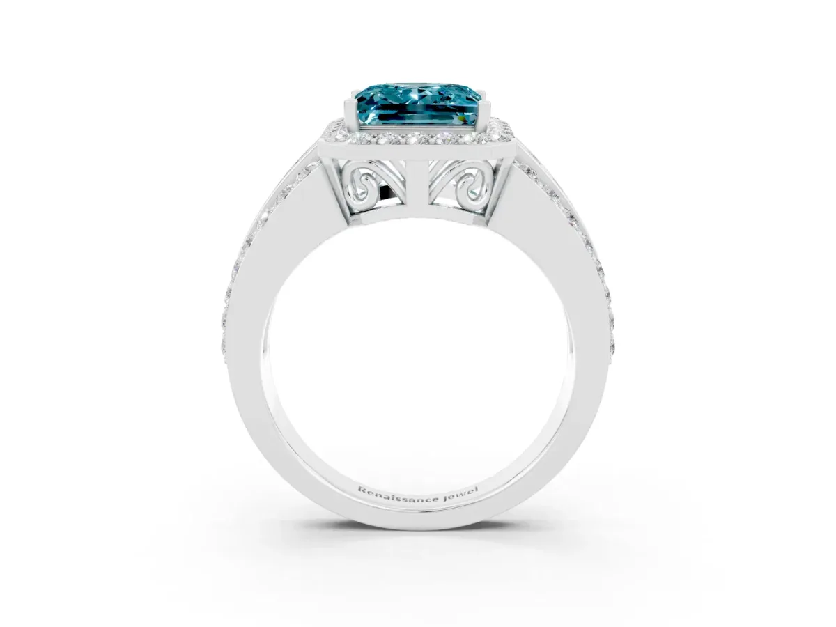 Princess Cut Halo Blue Topaz Ring with Round Split Shank and Prong Setting Silver
