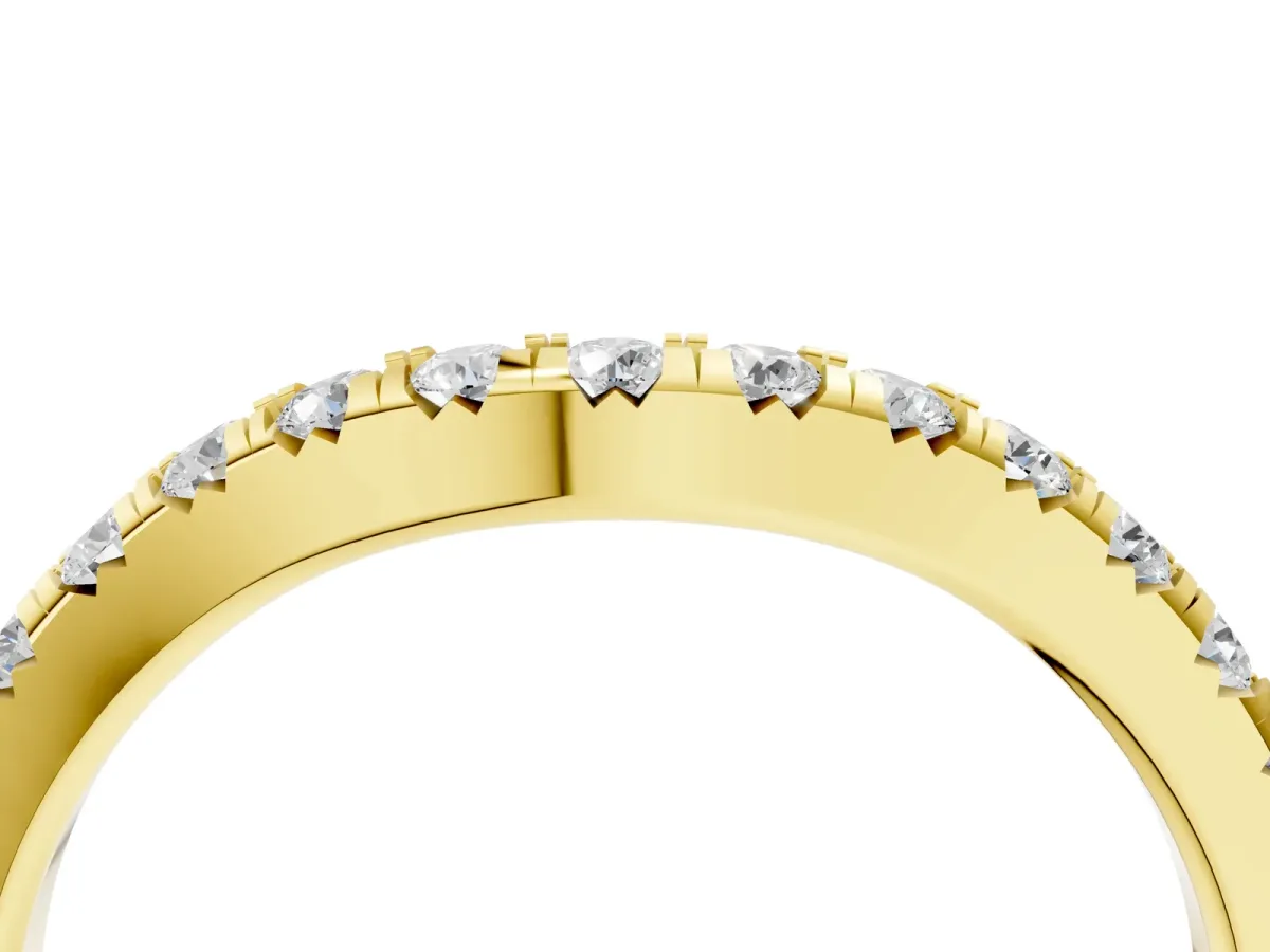 Round Diamond Curved Pavé Wedding Band with Shared Prong Setting Yellow gold