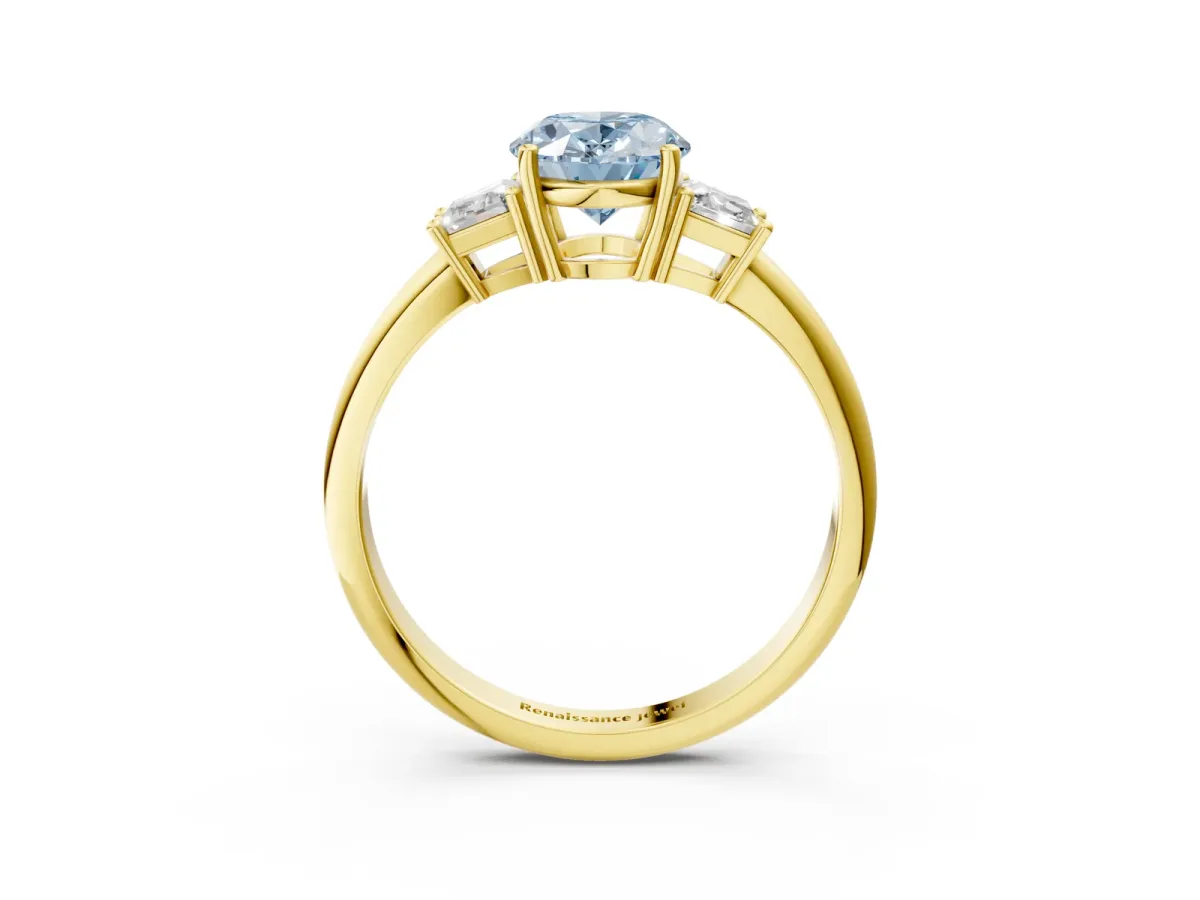 Fancy Blue Oval Cut Diamond Three-Stone Ring with Trapezoid Side Stones and Prong Setting Yellow gold