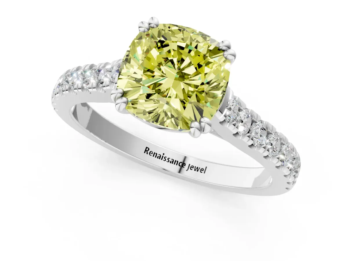 Fancy Yellow Cushion Cut Solitaire Pave Diamond Engagement Ring with Prong Setting White gold