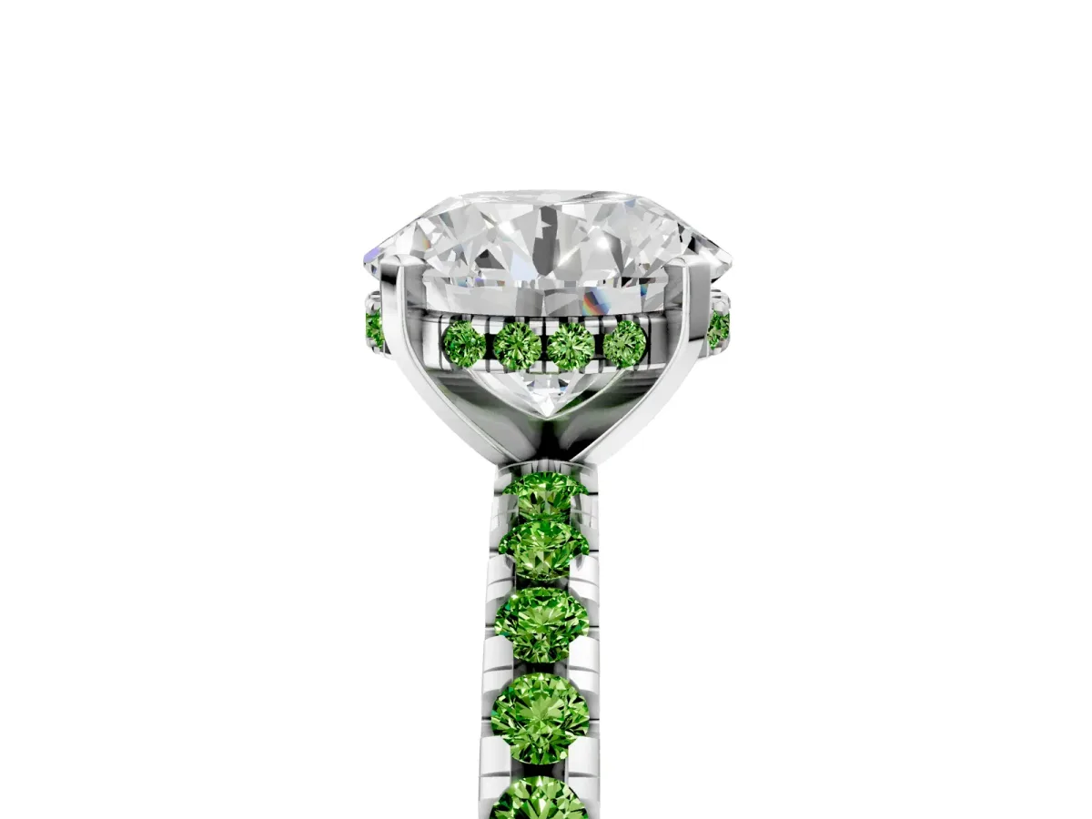 Round Cut Diamond Solitaire Ring with Round Peridot Pavé Band and Four-Prong Setting Silver