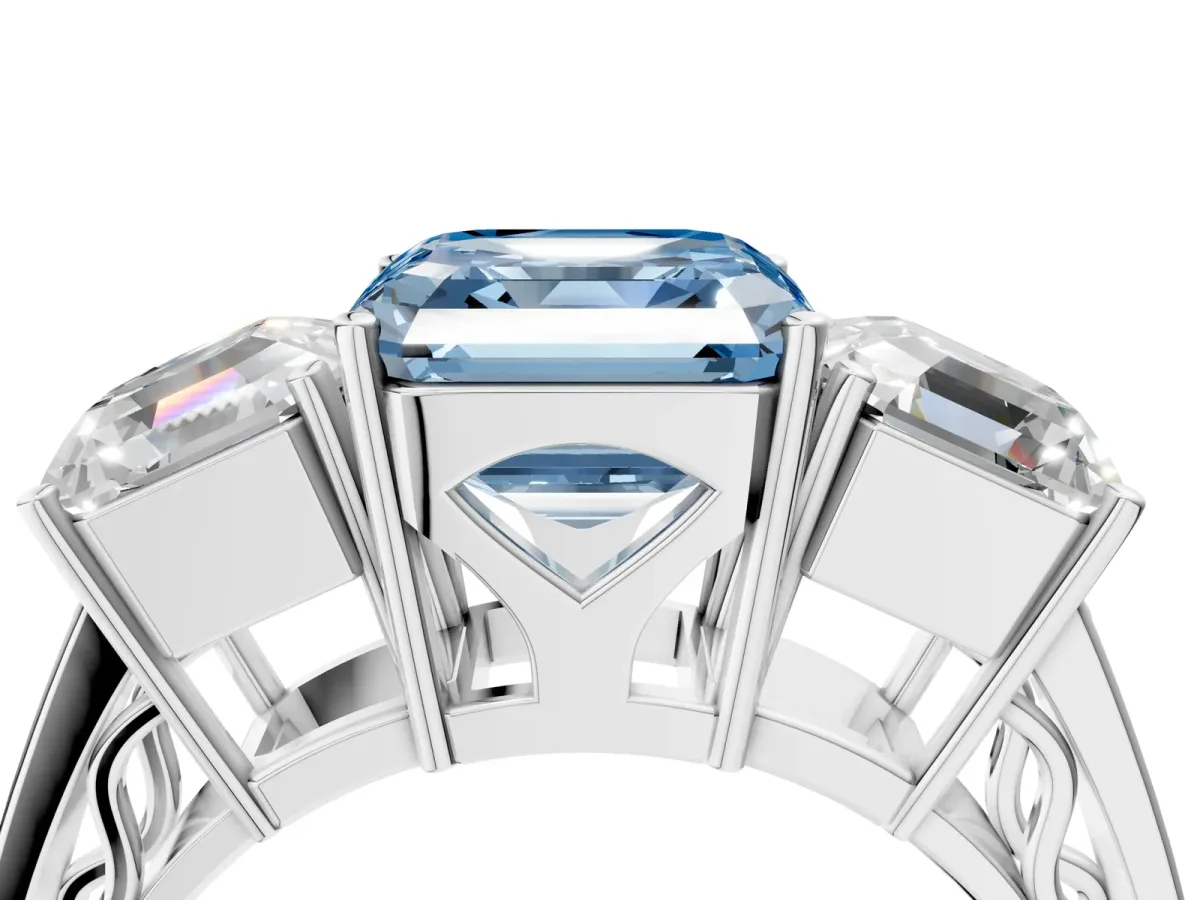 Fancy Blue Asscher Cut Diamond Three-Stone Ring with Prong Setting and Textured Band Platinum