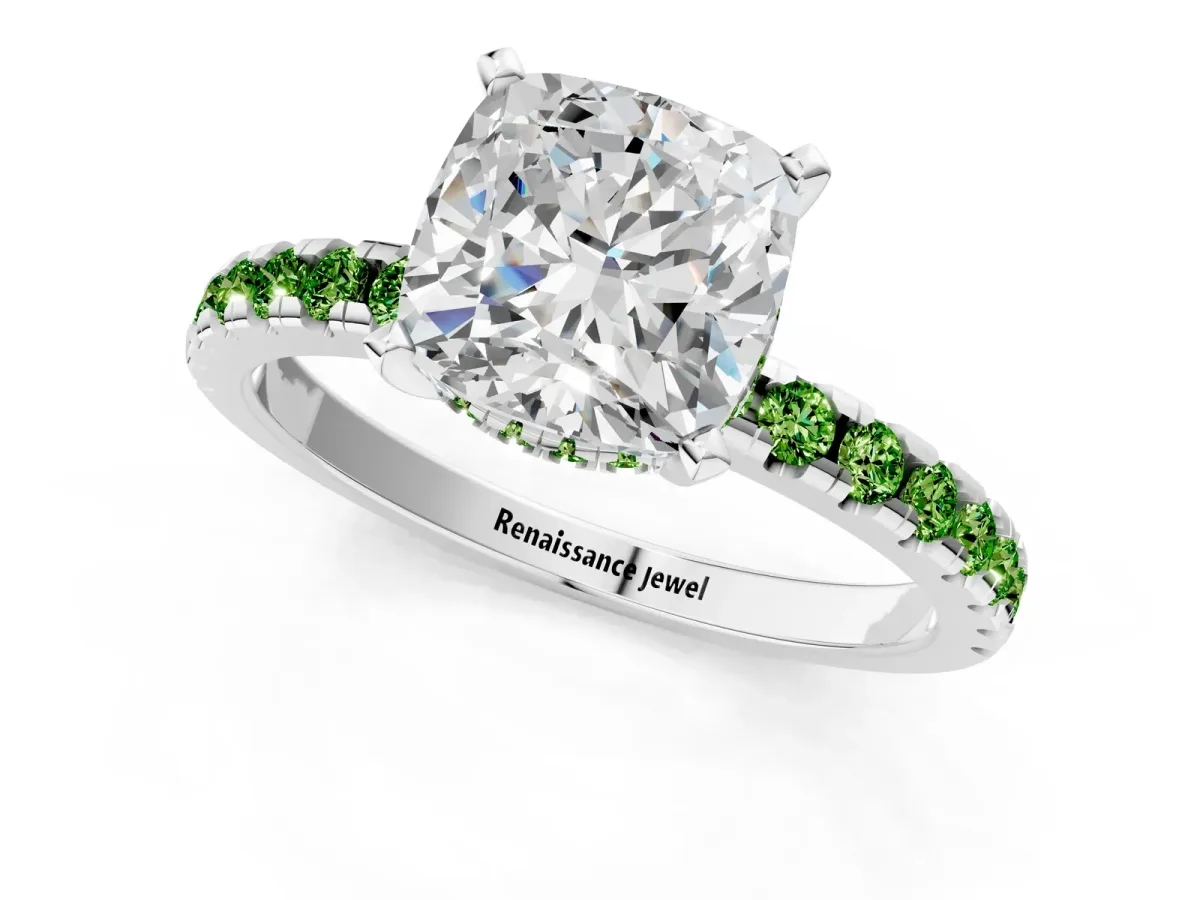 Cushion Cut Diamond Solitaire Ring with Round Peridot Pavé Band and Four-Prong Setting Silver