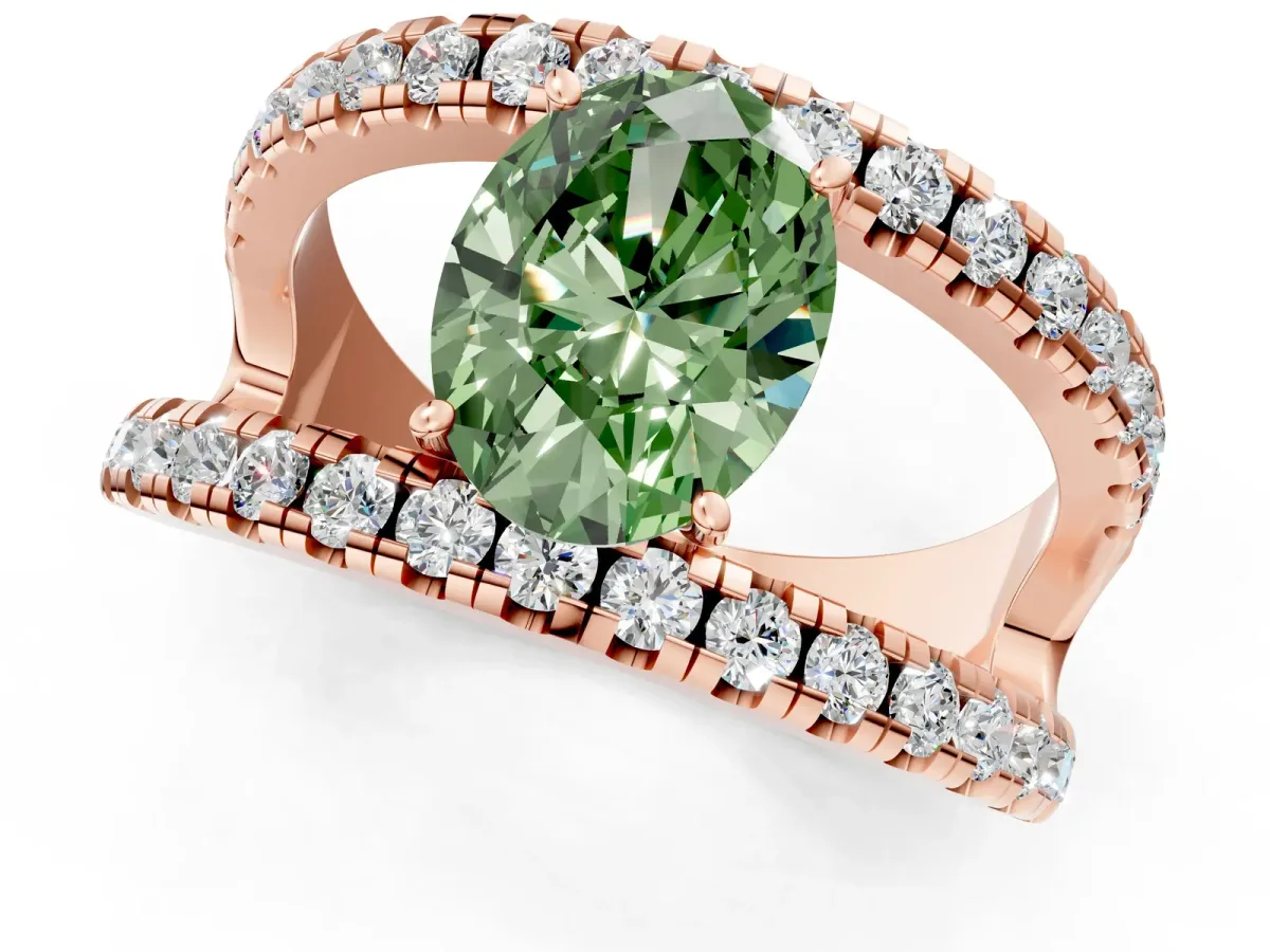 Fancy Green Oval Cut Solitaire Split Shank Pave Diamond Ring Rose gold