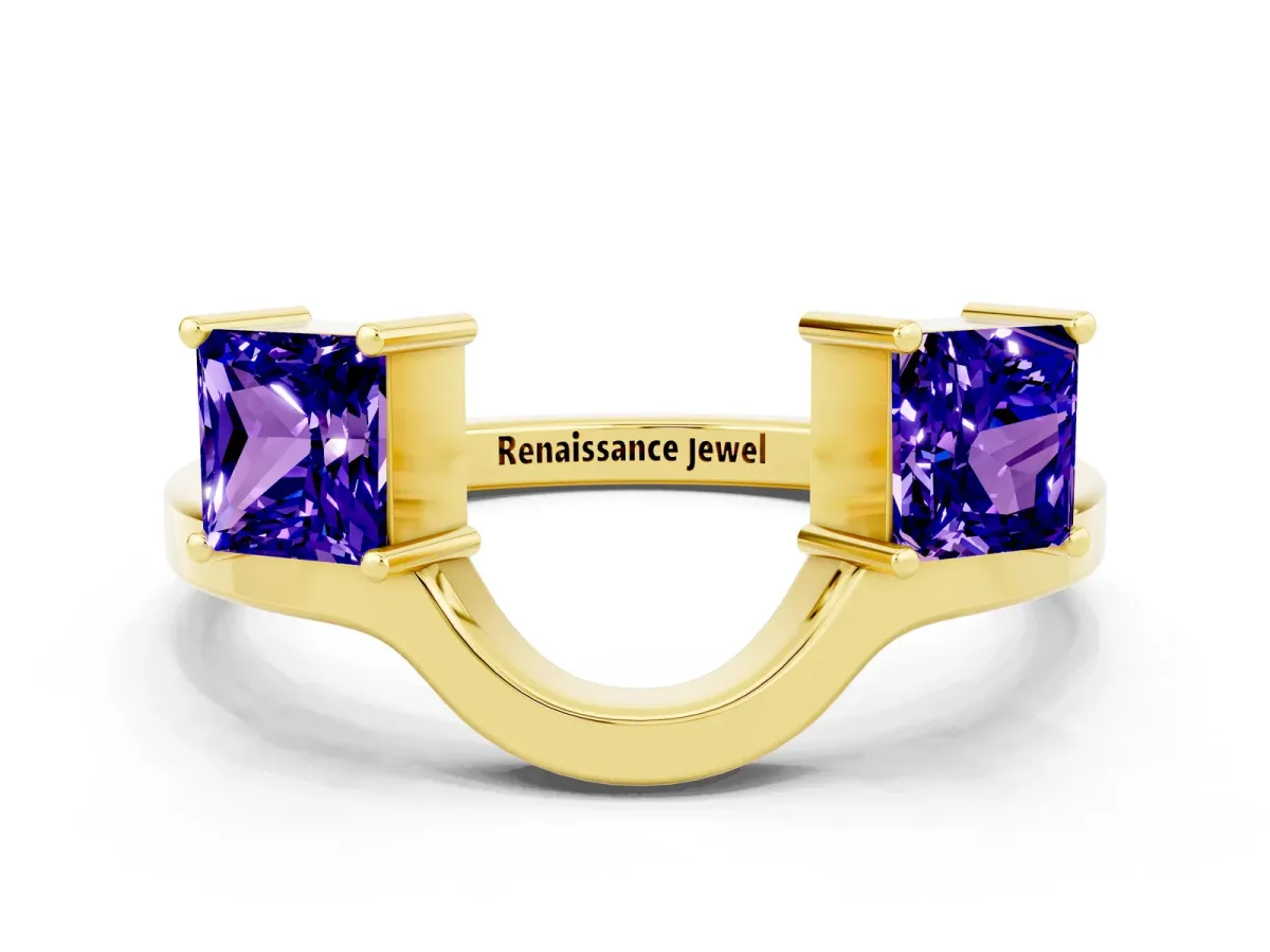 Princess Cut Tanzanite Two-Stone Open Band Ring with Four-Prong Setting Yellow gold