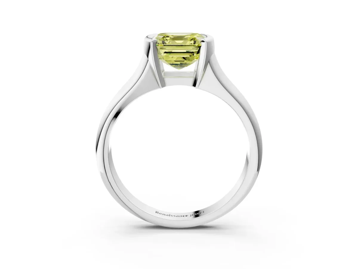 Fancy Yellow Asscher Cut Solitaire Tension Set Diamond Ring with Split Shank Band Platinum