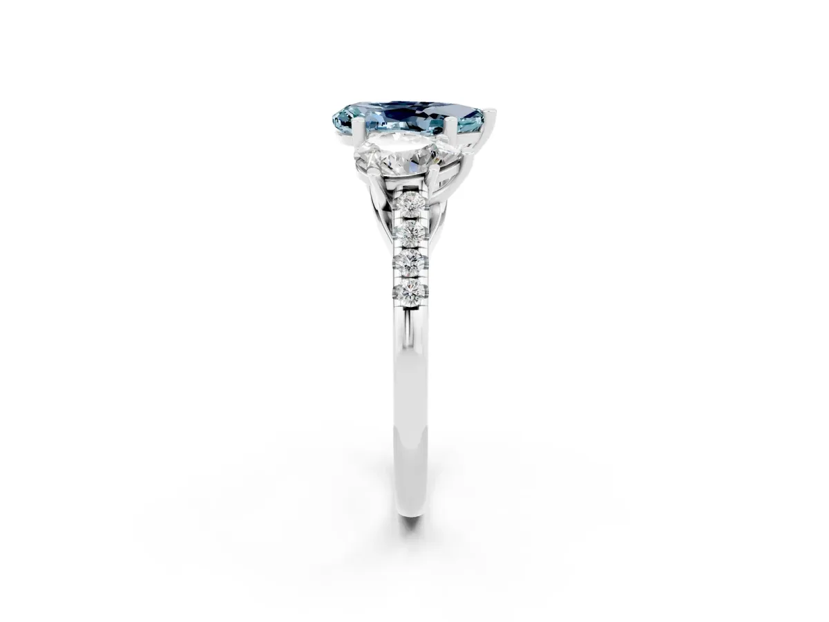 Three-Stone Pear Cut Aquamarine Ring with Round Pavé Band and Prong Setting Silver