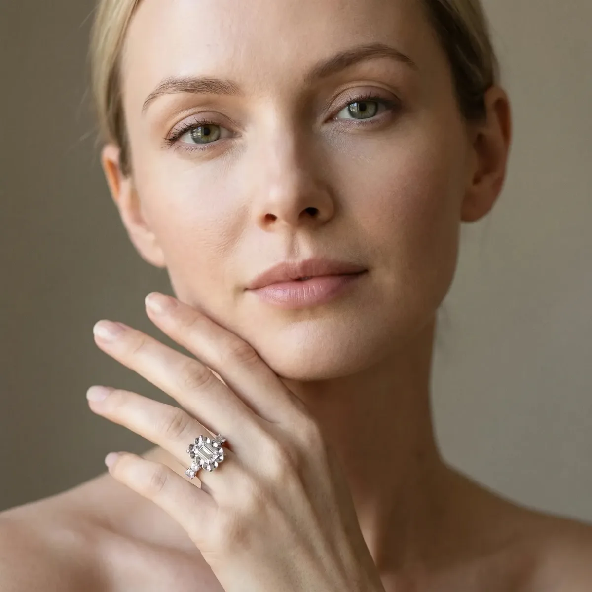 Emerald Cut Cut Diamond Floral Halo Engagement Ring with Shared Prong Setting Platinum
