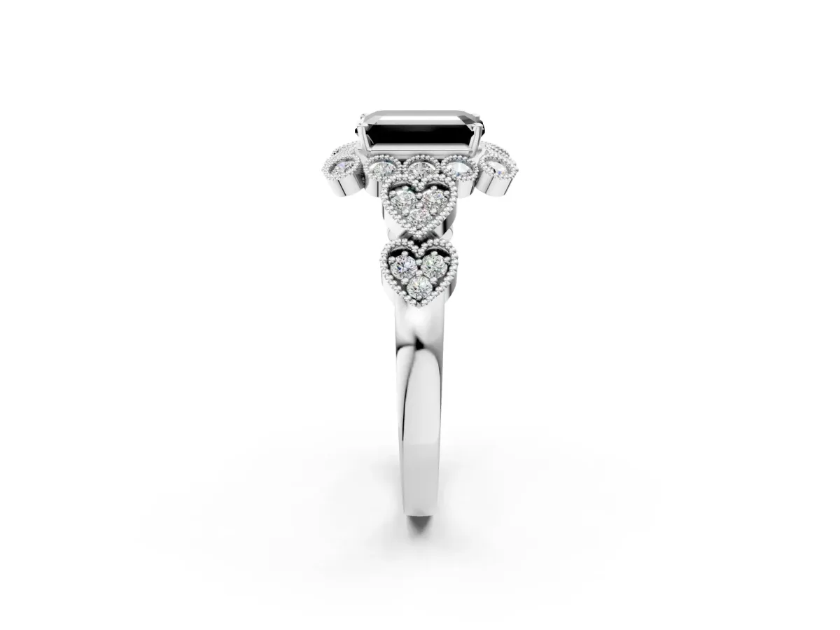 Fancy Black Emerald Cut Brilliant Milgrain Pave Heart Band Solitaire Ring Platinum