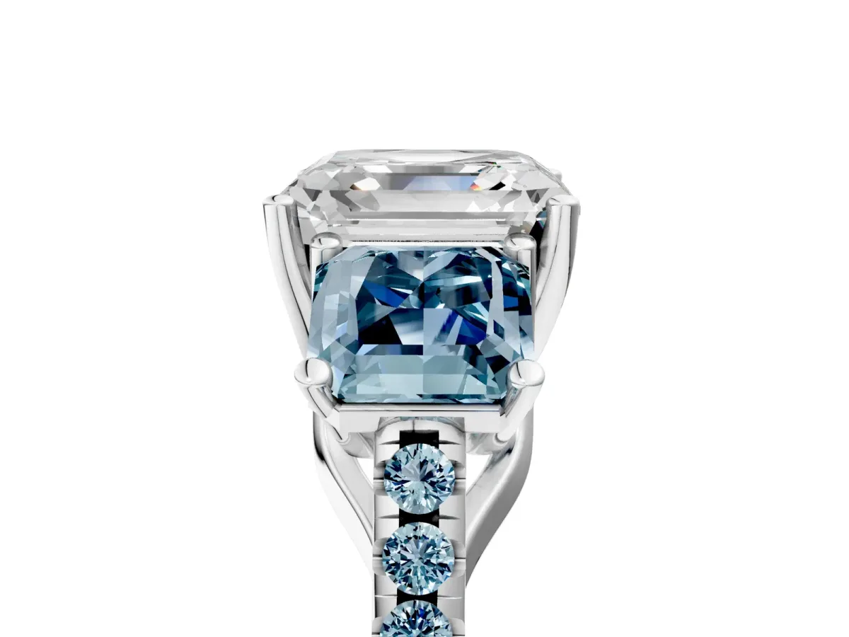 Three-Stone Asscher Cut Diamond Ring with Round Aquamarine Pavé Band and Prong Setting Silver