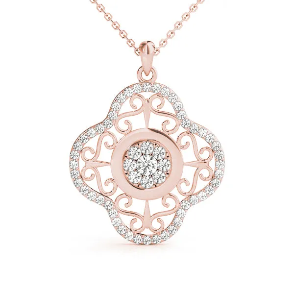 Round Cluster Diamond Pendant with Pavé and Scroll Prong Setting Rose gold