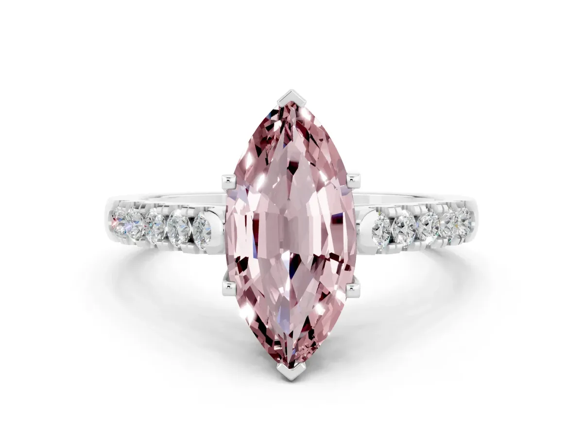 Marquise Cut Morganite Pavé Band Solitaire Ring with Prong Setting Silver