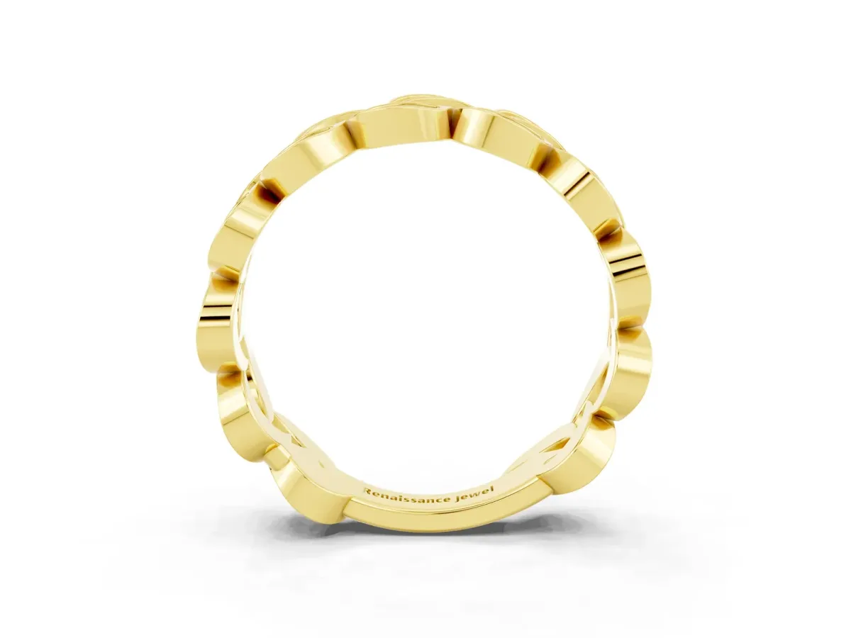 Pavé Round Pink Sapphire Interlocking Eternity Band with Bezel Prong Setting Yellow gold